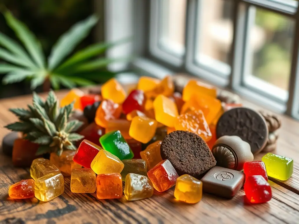 A close-up shot of gourmet cannabis gummies, showcasing their vibrant colors and appealing textures, arranged artfully on a wooden surface to emphasize their premium quality.